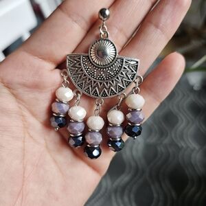 Boho Silver-Tone Dangle Earrings with Cream, Lavender & Black Beads